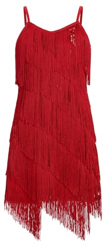 EFOGEP Mädchen 20er Jahre Fransenkleid, Latein-Tanzkleid mit Pailletten | Mehrlagige Fransen und verstellbare Träger für Cha-Cha, Samba, Jazz, Ballroom, Partys und Bühnenauftritte