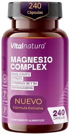 Citrato de Magnesio 1593 mg + Bisglicinato de Magnesio 600 mg + Vitaminas B5, B6 y Ashwagandha Pura | Potencia y Energía Natural, Reduce el Estrés y el Cortisol, Músculos Fuertes | 240 Cápsulas