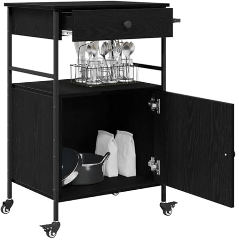 vidaXL Küchentrolley Schwarz Eichen-Optik 56 x 43 x 89,5 cm | Die glatte Oberfläche aus schwarzer Eiche gibt dem Wagen einen eleganten, modernen Look,