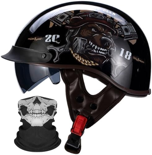 German Style Vintage Motorcycle Jet Helmet, DOT/ECE Approved Open Face Motorbike Helmet, Retro Half Helmet, with Sun Visor and Removable Inner, for Adult Men Women M~XXL