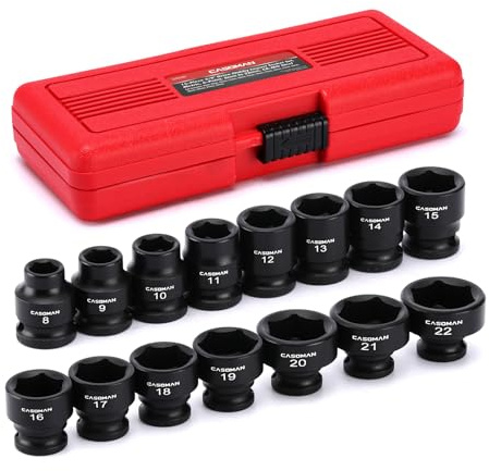 CASOMAN 15PCS 3/8 Drive Stubby Impact Socket Set, Low Profile, 8-22mm, Metric, CR-MO, 6-Point, 15 Pieces Shallow Socket Set for Automotive Maintenance, Repairs and DIY, for Tight Areas