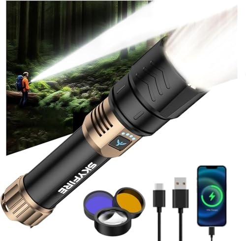 SKYFIRE Taschenlampe mit Zündlinse, gelb/blaues Licht, 3000 lm, Taschenlampe mit hoher Helligkeit, wiederaufladbar 5000, zoombar, 6 Modi, wasserdicht, taktische Taschenlampe für Camping, Outdoor und