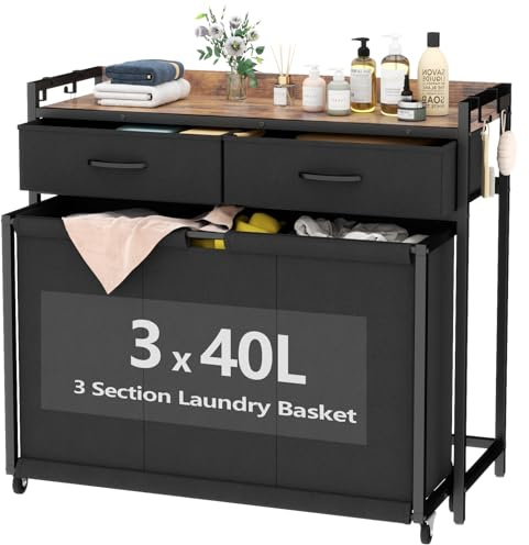 Large Laundry Basket with Wheels & 3 Compartments - 3 x 40L Laundry Sorter Bag for Washing, Dual-Drawer Laundry Storage Hamper, Ideal for Laundry Room, Bedroom, Bathroom (Black)