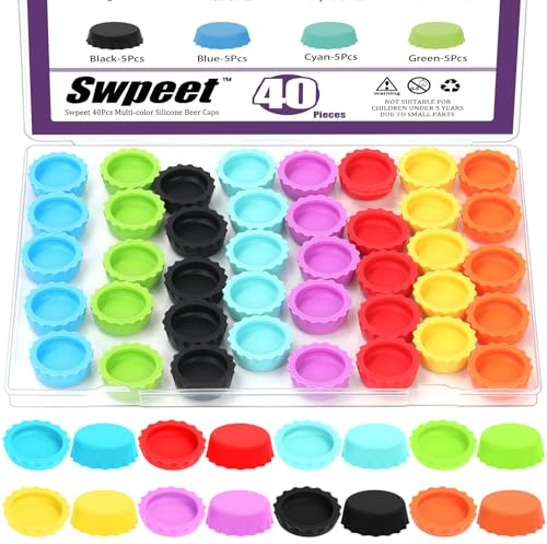 Swpeet 40Pcs 8 Colors Silicone Reusable Bottle Caps Assortment Kit, Soda Beer Bottle Covers, Soft Bottle Stopper Hat Sealer Cover, Silicone Bottle Caps for Soft Drink, Kitchen Gadgets, Home Brewing