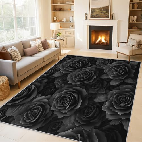 Generisch Schwarze Blumen Teppich Wohnzimmer Schlafzimmer, Kurzflor rutschfest Moderne Blüten Deko Teppich, Weich Waschbare Teppiche Gegend, 120x160 cm QAZ48