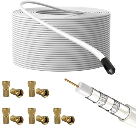 Lumonic Cavo antenna RG6 135dB 50m + 10x connettore F | Schermatura a 5 strati: niente più interferenze con le immagini | Cavo SAT, cavo coassiale Internet, cavo TV