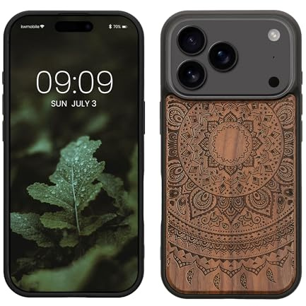 kwmobile Hülle kompatibel mit iPhone 17 Pro Hülle - Holz Case - Handy Cover - TPU Handyhülle in Dunkelbraun Indische Sonne