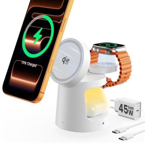 GEEKERA Qi2.2 25W 3-in-1 Ladestation mit Nachtlicht: Faltbares & MagSafe-kompatibles Schnellladegerät für iPhone Air/17e/17/16/15-12, Apple Watch 2-11, AirPods, inklusive 45W GaN Netzteil, Weiß