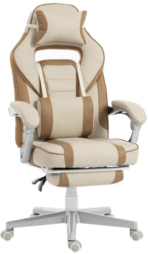 HOMCOM Silla Gaming con Altura Ajustable Reposapiés Retráctil Crema | Silla Gamer Reclinable, Soporte Lumbar, Reposacabezas Desmontable, para Oficina, Estudio