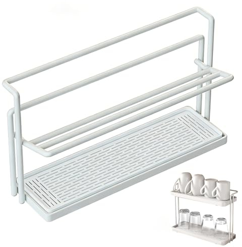 Eabdice Escurridor de Botellas de Acero al Carbono de 2 Niveles, Secador Compacto con Bandejas Inclinadas, para Sodastream, Botellas, Tazas, Vasos, Antideslizante, Ahorra Espacio, Color Blanco