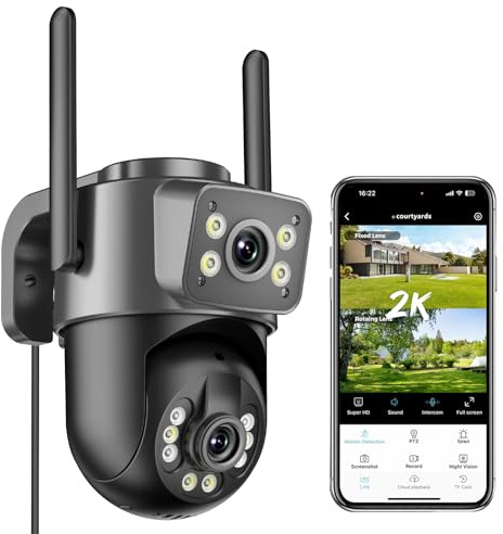Reobiux 2K Telecamera Wi-Fi Esterno, 360° PTZ Videocamera Sorveglianza Esterno con Doppia Lente, Colori Visione Notturna, Tracciamento Automatico, Registrazione 24/7, IP66