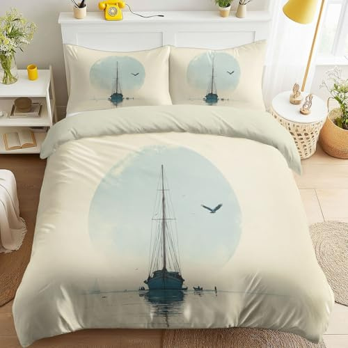 Copripiumino minimalista ad acquerello, morbido, traspirante e flully, con silhouette nautica, con cerniera, per ragazze e ragazzi, per letto singolo, 135 x 200 cm