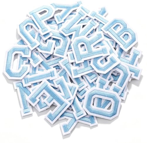Sorcristy 52 Pieces Iron on Letter Patches, Embroidered A-Z Letter Patches | Self Adhesive Chenille Patches for DIY Clothing, Heat Press Name Patch for Clothes, Dress, Hat, Jeans - 2 Inch Light Blue