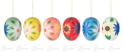 Rudolphs Schatzkiste Baumbehang Ostereier mit Blumenmotiven, 6 Stück – Osterschmuck – Strauchbehang – Ostern & Frühjahr - Frühjahrsdeko – Handarbeit aus dem Erzgebirge – NEU