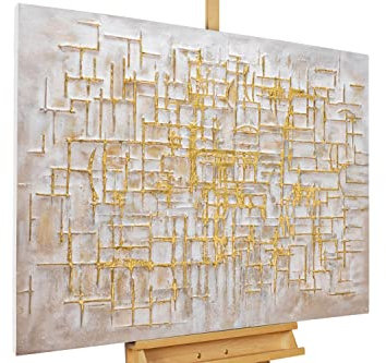 KunstLoft Leinwandbild | 100% HANDGEMALT | 100x75cm | Gemälde 'Glossy Maze' | Abstrakt | Gold Beige | Wandbild Wohnzimmer