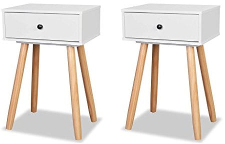 Festnight Set de Mesitas de Noche 2 uds con 1 Cajón Mesas de Café Mesas para Plantas Madera Maciza de Pino,40x30x61cm (Blanco)