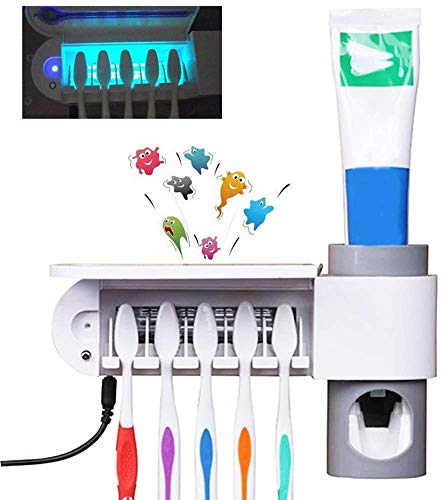 TopHGC UV Zahnbürstenhalter, Intelligente Reinigungszahnbürstenhalter Zahnpastaspender, Elektrisch Zahnpastaspender Wandmontage mit Aufkleber für Erwachsener Kind Eltern (A)