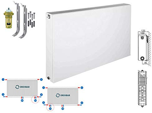 Planheizkörper mit Planfront glatt - Mittelanschluss - Kompakt- & Ventilheizkörper - Typ 22 - inkl. Halter & Ventil - 400 x 800 mm (Höhe x Breite) - RAL 9016 reinweiß