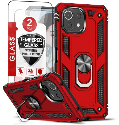 LeYi Schutzhülle für Xiaomi Mi 11 Lite 5G NE/Mi 11 Lite 4G & 5G mit [2 Hartglas], Ring Halterung, militärischer Schutz, stoßfest, weiches TPU und Hartschale, Rot