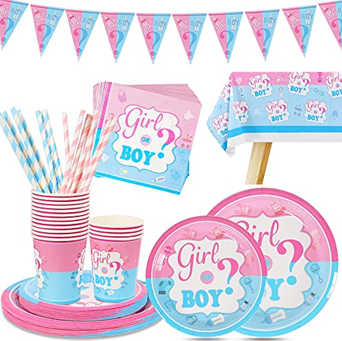 Baby Girls Boys Baby Shower Gender Reveal Party Tableware, Gender Reveal Tableware Includes Plates, Cups, Napkins, Straws, Tablecloth & Banner, Disposable Dinnerware Set Party Supplies for 16 Guests