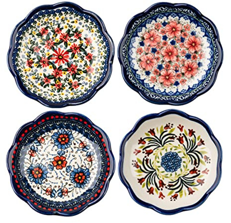 Sizikato 4pcs Porcelain Appetizer Plate, 4-Inch Snack Plate Sauce Dipping Saucer, Exotic Flower Pattern