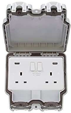 Lieber Silk White 2 Gang Outdoor 3.1A USB Switch Weatherproof Power Socket IP66 Rated Wall Electrical Outlet Hard Standing All Weather and Storm Proof