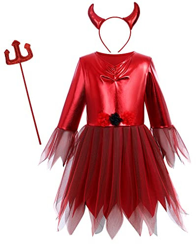 Kinder Jungen Mädchen Roter Teufel Kostüm Vampir Böse Königin Cosplay Halloween Party Karneval Teufel Hörner Stirnband Mistgabel Märchen Rollenspiel Geburtstag Outfits Mädchen + Mistgabel 3-4 Jahre