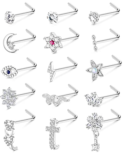 Adramata 15 Pcs 20G Nasenpiercing Stecker Nasenring für Damen Herren Chirurgenstahl Nasenpiercing L/Schraube Geformt Nasenstecker Schlange Blume Silber Gold Nasenstecker Nasenpiercing Schmuck