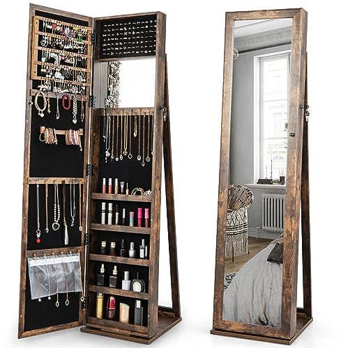 RELAX4LIFE Armadietto Portagioie da Terra, Armadio per Gioielli con Specchio a Figura Intera, Specchiera Organizatore per Camera da Letto, 38 x 38 x 157,5cm (Marrone)