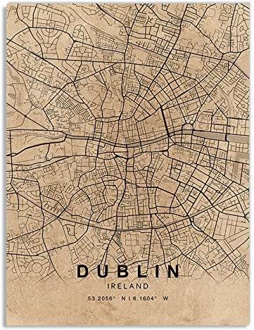 YMXCNM Leinwand Bilder,Retro Dublin Irland Stadtplan Drucke Poster Wandkunst Gemälde Rechteckige Karte Bilder Pop Artwork Für Wohnzimmer Schlafzimmer Wohnkultur,30X40Cm/11.81X15.74 In