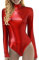 Damen Glänzende Ballettanzug Ballettbody Sport Tanz Body Gymnastikanzug Trikot Langarm Bodysuit Metallic Wetlook Einteiler Turnanzug Leotards Overall Lack Leder Oberteile Tops Kostüm (Rot, L)