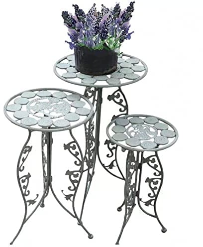 3-teiliges Blumenhocker-Gestell, Set mit 3 Satztischen, robuster Pflanzensockel, Metall-Pflanzenständer, für Terrasse, Balkon, Veranda, Garten,M