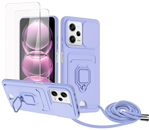 Zallagre Funda con Cuerda Compatible con Redmi Note 12 Pro/Xiaomi Poco X5 Pro,[2 Packs Cristal Templado],Ranura para Tarjetas,Cubierta de Cámara Deslizante Proteger,360 Anillo Soporte-Morado