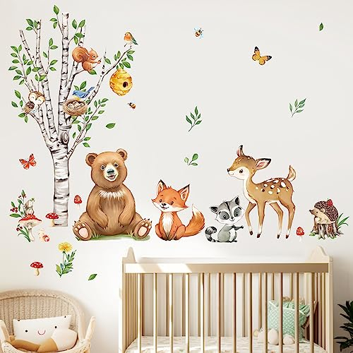 decalmile Wandtattoo Waldtiere Birke Baum Wandaufkleber Bär Fuchs Hirsch Wandsticker Kinderzimmer Babyzimmer Schlafzimmer Wanddeko