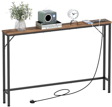 VEDECASA 5.9 Skinny Console Table with Charging Station Narrow Long Behind Couch Table with Power Outlets USB Ports Slim Sofa Table for Entryway Living Room Hallway Office Sturdy Steel Frame