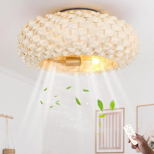 KZT Retro Deckenventilator mit Beleuchtung und Fernbedienung E27 Lampe Leise Ventilator Deckenlampe Vintage Rattan Lampenschirm Bambus Fan Deckenleuchte für Wohnzimmer Schlafzimmer Esszimmer Licht