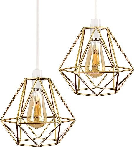 DC Voltage 2 Pack of Retro Style Metal Basket Bird Cage Geometric Ceiling Pendant Light Shades, Open Wire Frame Vintage Bulb Guards for Kitchen, Living Room, Free Reducer Ring (T1-Gold) (WCCL)