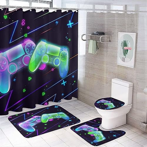 COALHO Colorful Gaming Buttons 4 Pcs Bathroom Decorative Set Teens Mens Room Decor Gamepad Video Games Gamer Shower Mat Shower Curtain With Rug 12 Hooks,183x183CM