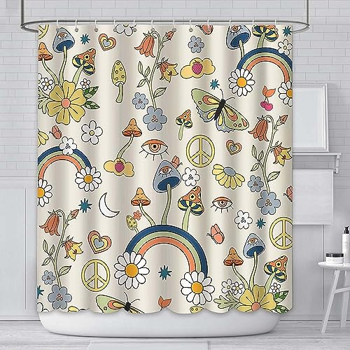 AIBIIN 180x180cm Champignon Rideau de Douche Boho Floral Lavable Tissu Rideaux de Bain Hippie des années 70 des années 80 Funky Groovy esthétique rétro Rideaux pour Salle de Bain avec 12 Crochets
