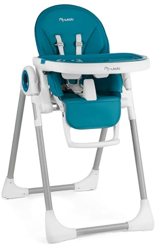 NUKIDO BELO Premium - Babyhochstuhl mit Gurt und Abnehmbarem Tablett - Klappbarer Fütterungsstuhl mit Liegefunktion und Rollen - Mitwachsender - von 6 bis 36 Lebensmonat - 120 x 56 x 75 - Blau