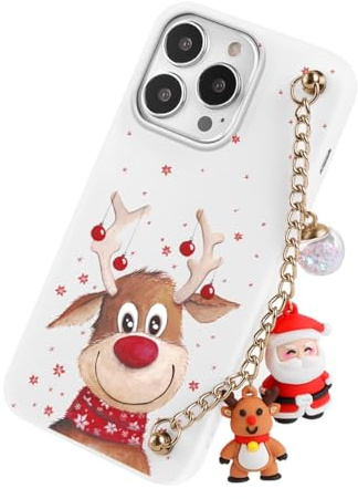 Yoedge Weihnachten Handykette Handyhülle für iPhone 13 Pro Max 6,7 Hülle mit Band, Weihnachts Schutzhülle mit Muster Hirsch, Weich Silikon TPU Stoßfest Christmas Case Cover für iPhone 13 Pro Max,Weiß