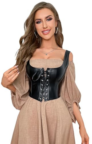 ohyeahlady Black Corset Top with Adjustable Straps Faux Leather Boned Bustier Corsets Lace Up Crop Top Party Clubwear with G-String Size UK 8