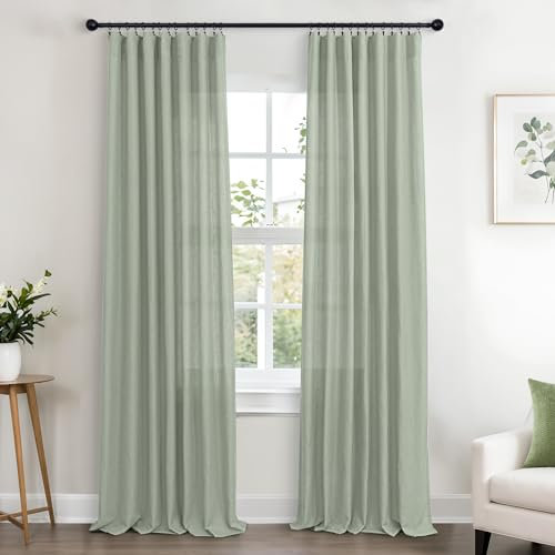 KOUFALL Salbeigrüne Vorhänge, 228 cm lang, für Wohnzimmer, nicht durchsichtig, Boho-Leinen-Vorhänge, halbtransparent, 228 cm Länge, für Esszimmer, Schlafzimmer, 2 Paneele, Hellgrün