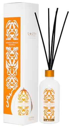 Bodhi® Premium Raumduft Mango ORANGE 90 ml – Duftstäbchen mit zartem Fruchtduft für Ihr Zuhause und Badezimmer, im weißen Design, Aroma Diffuser ohne Alkohol