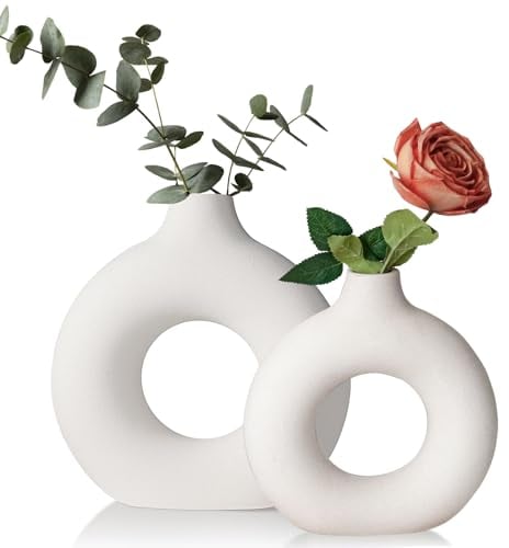 GUHAOOL Set di 2 Vasi in Ceramica a Ciambella Bianca, per Erba di Pampa, Cavo Rotondo Nordico, Moderni Boho Decorativi per Soggiorno, Casa, Tavolo, M+S