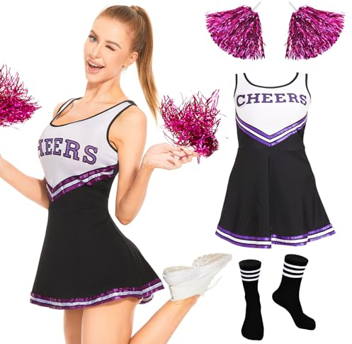 FORMIZON Cheerleader Kostüm, Cheerleader Kostüm Damen Sexy, Cheerleading Uniform Kein mit Pompons und Socken, High School Cheerleader Kostüm für Halloween Verkleidung Karneval (Schwarz, S)