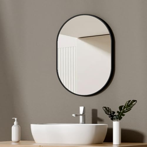 EMKE Badspiegel Oval Schwarz 45 x 60 cm Ovaler Wandspiegel mit Schwarzer Rahmen Spiegel Horizontal/Vertikal Dekorativer HD Wandspiegel für Flur/Badzimmer/Wohnzimmer Oval Spiegel