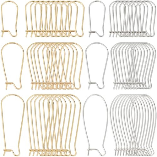 SOFPLATE 1 Box 120Pcs 6 Style Silver Kidney Earring Hooks Stainless Steel Earring Findings Bulk U Shaped Real 18K Gold Plated Ear Wires Long Teardrop Dangle Earring Wires for jewellery Making Supplies