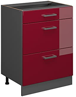 Vicco Küchenunterschrank R-Line, Bordeaux Hochglanz/Anthrazit, 60 cm mit Schubladen, AP Eiche