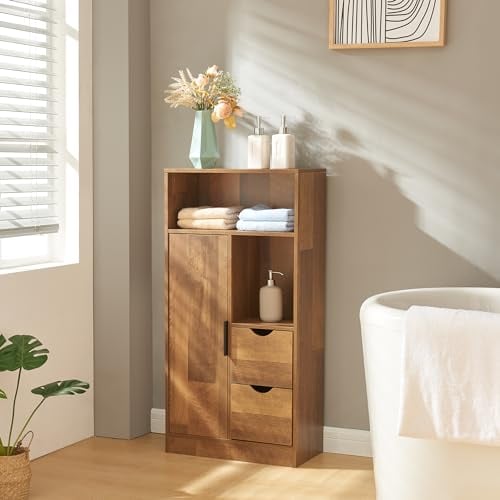 [en.casa] Badezimmerschrank Namsskogan Midischrank 2 Schublade Kommode Beistellschrank Badschrank mit 2 offenen Fächern 100x50x25cm Walnussoptik